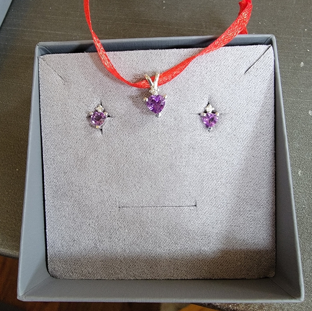 STERLING SILVER,  AMETHYST AND DIAMOND earrings and pendant